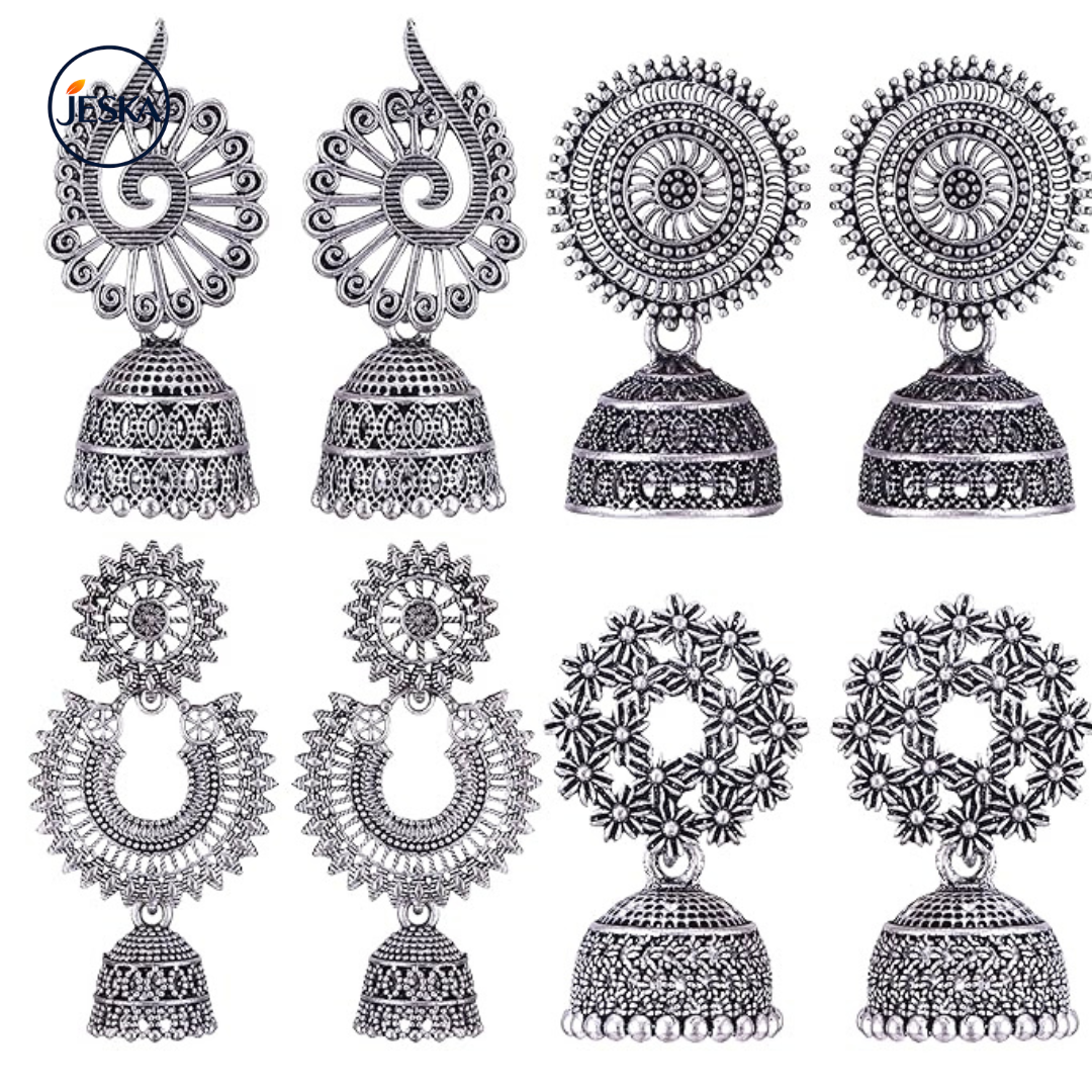 Fashion jhumka oxidised Silver Earrings for women Combo 4