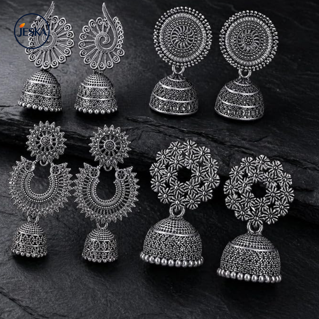 Fashion jhumka oxidised Silver Earrings for women Combo 4