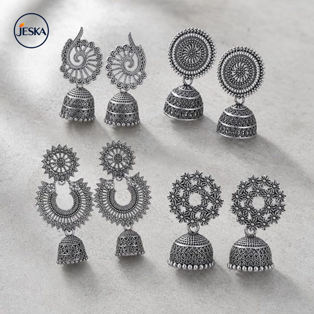 Fashion jhumka oxidised Silver Earrings for women Combo 4