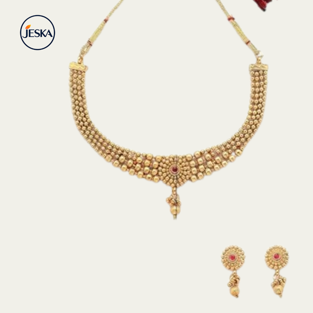 JESKA Classic Gold Plated Choker Necklace with Drop Earring Jewellery Set