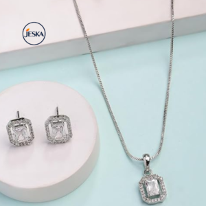 JESKA Rhodium Plated CZ Pendant Necklace & Stud Earrings Set