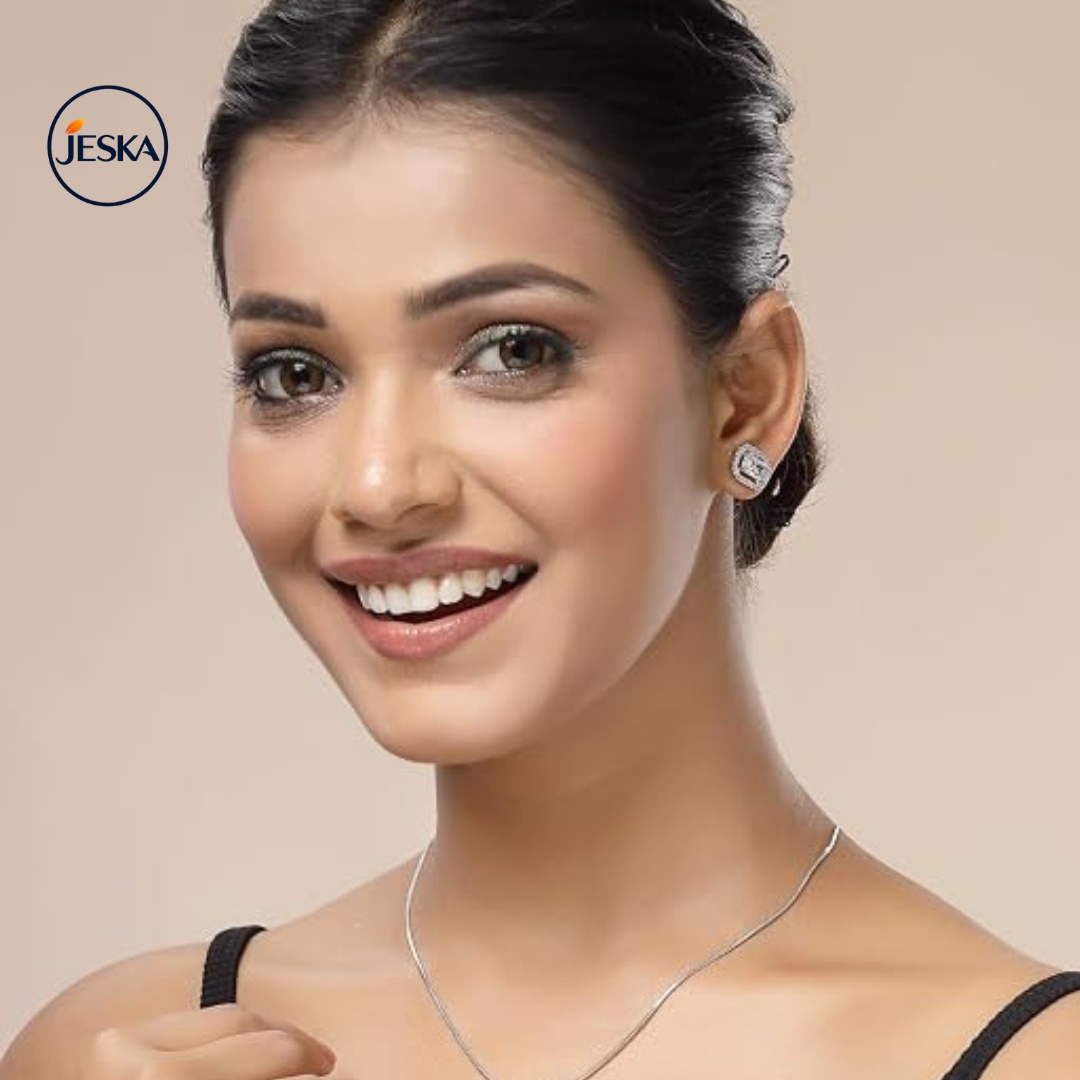 JESKA Rhodium Plated CZ Pendant Necklace & Stud Earrings Set