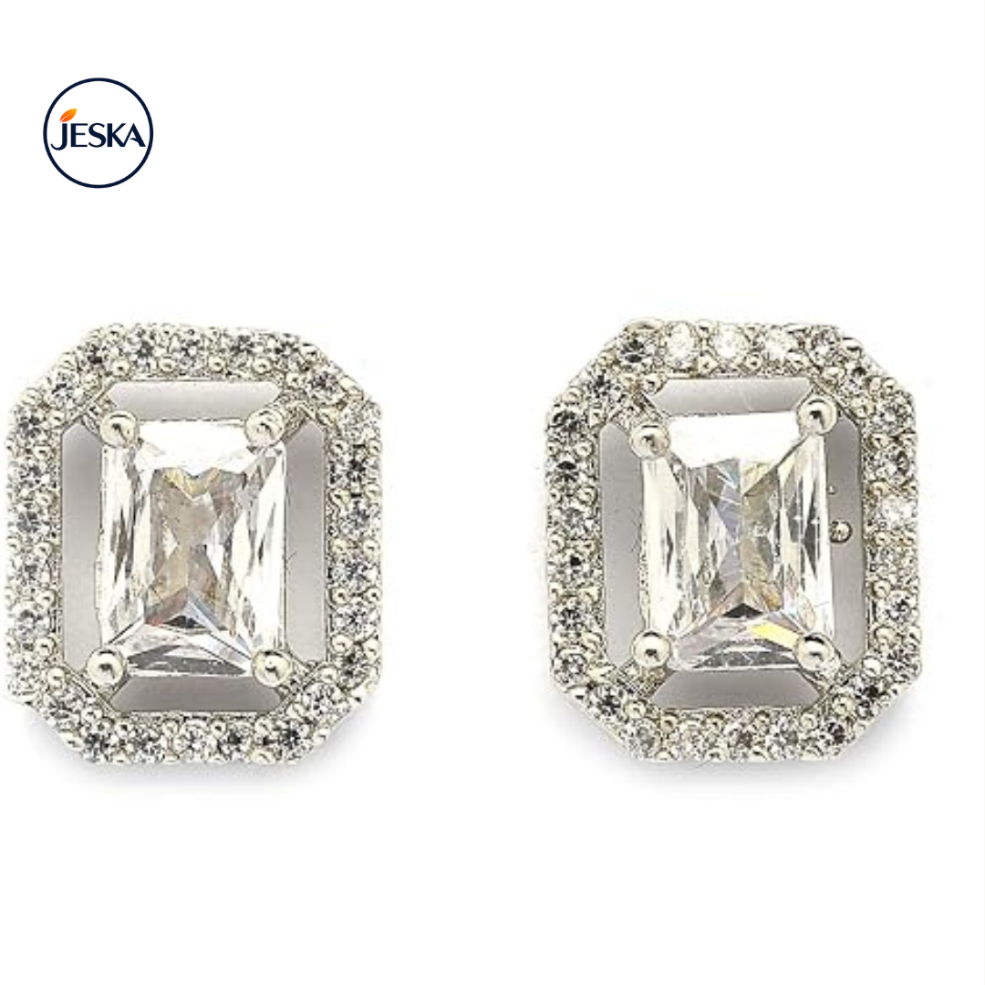 JESKA Rhodium Plated CZ Pendant Necklace & Stud Earrings Set
