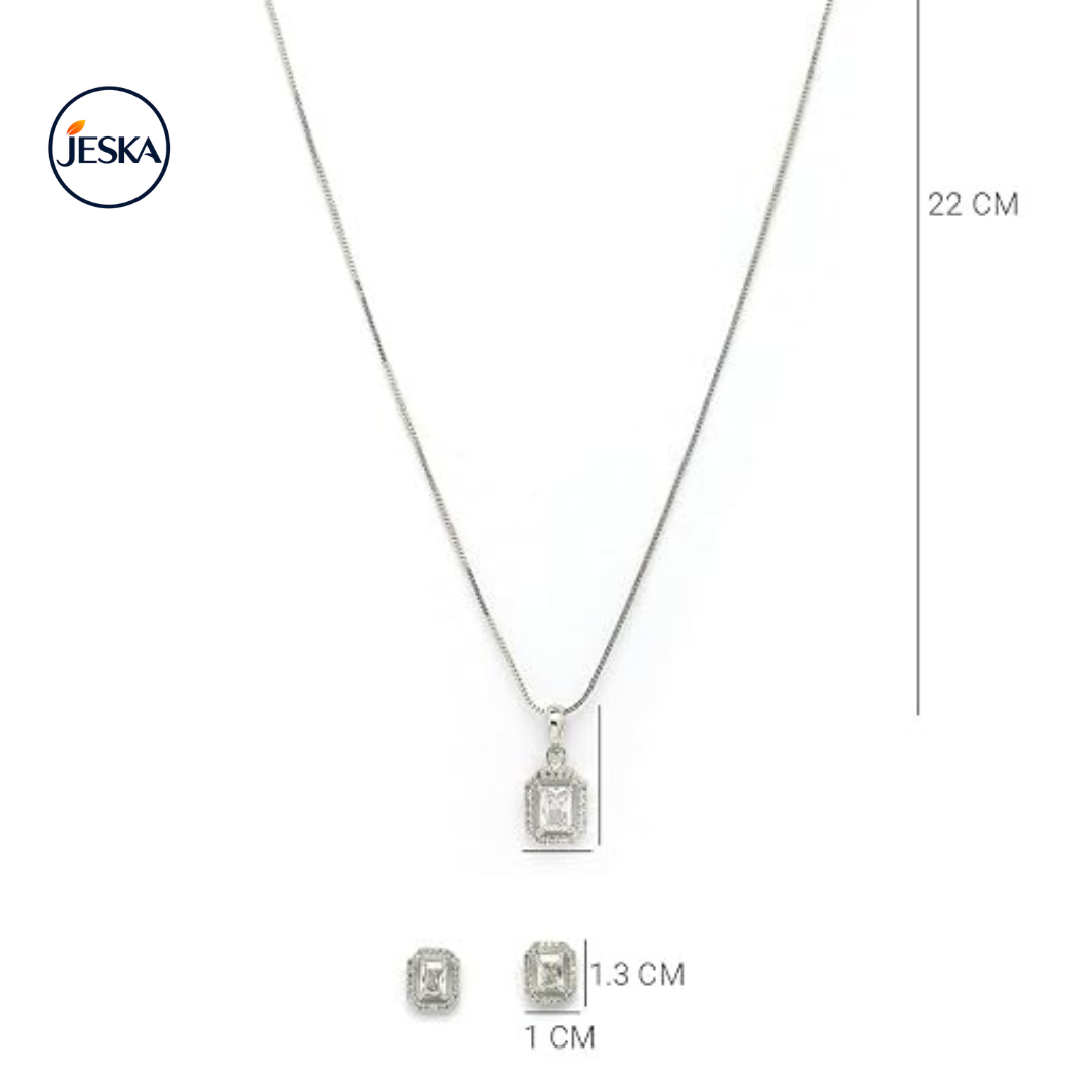JESKA Rhodium Plated CZ Pendant Necklace & Stud Earrings Set
