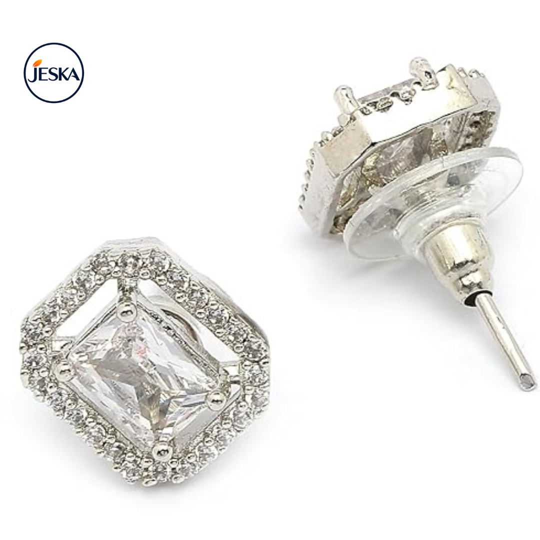 JESKA Rhodium Plated CZ Pendant Necklace & Stud Earrings Set