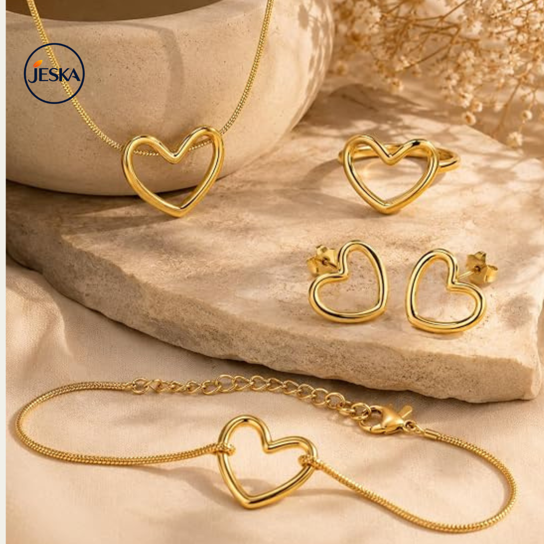 JESKA Gold Plated Square Pendant & Stud Earrings Set