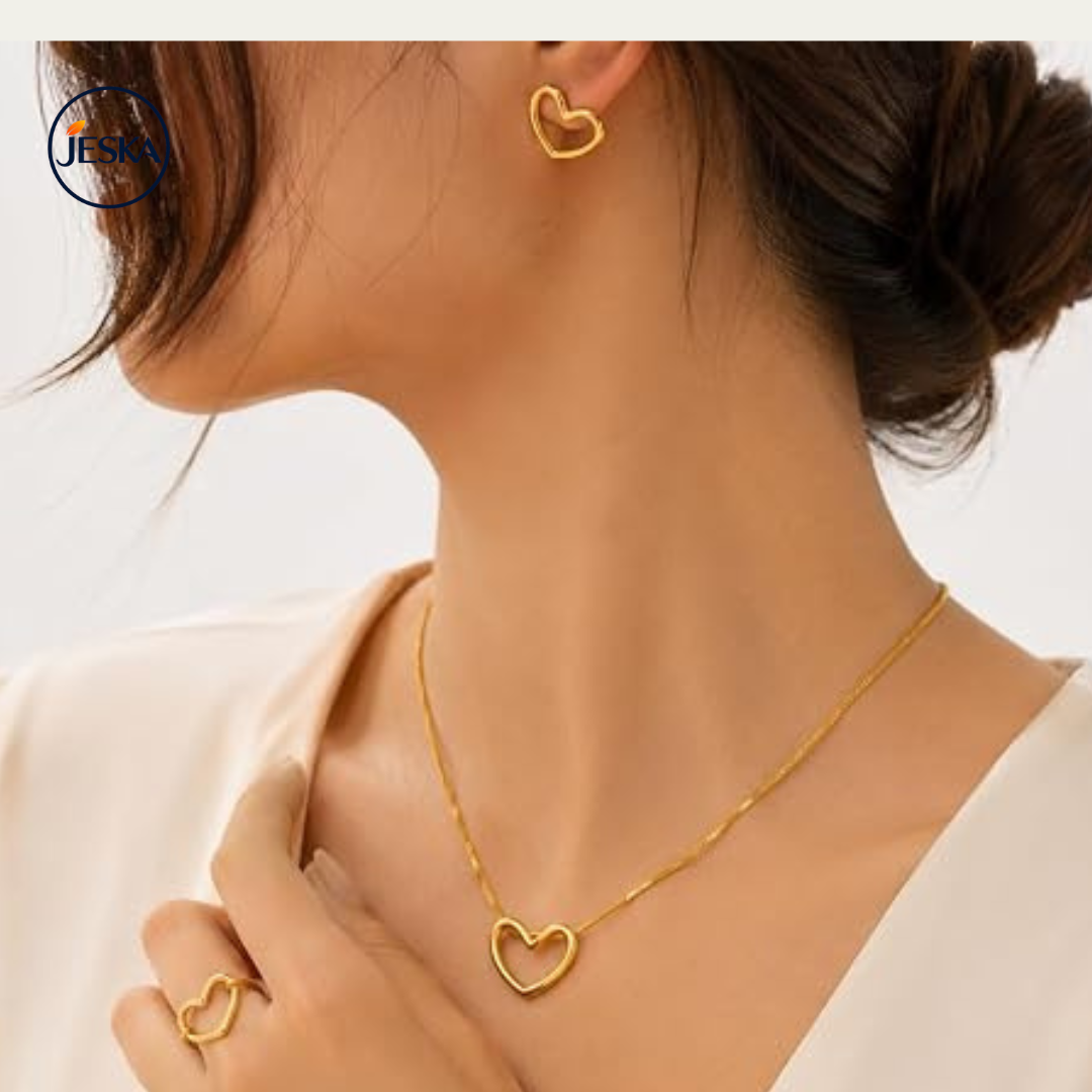 JESKA Gold Plated Square Pendant & Stud Earrings Set