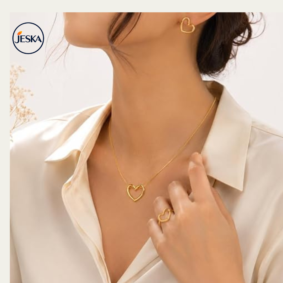 JESKA Gold Plated Square Pendant & Stud Earrings Set