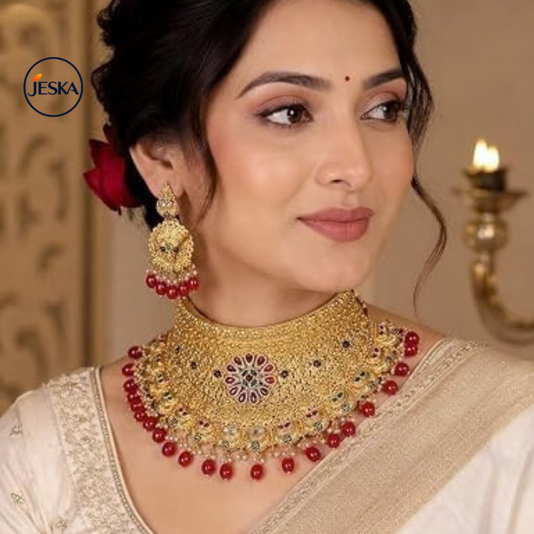 JESKA Kundan Style Choker Necklace Set for Women with Earrings