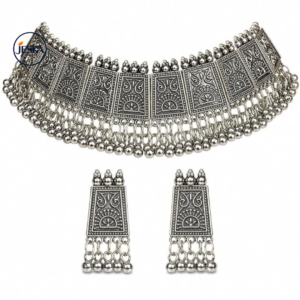 JESKA Antique Black Silver-Tone Choker Necklace Set with Earrings