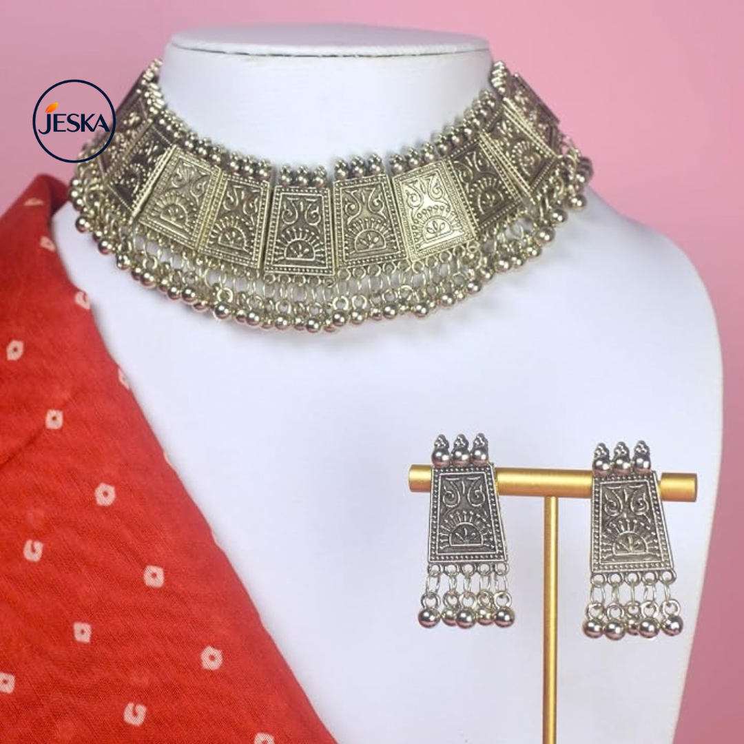 JESKA Antique Black Silver-Tone Choker Necklace Set with Earrings