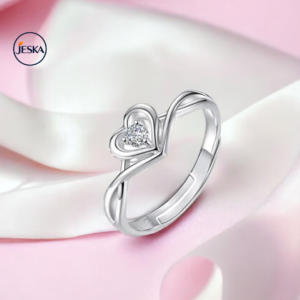 JESKA Rhodium Plated Heart CZ Adjustable Ring for Women & Girls