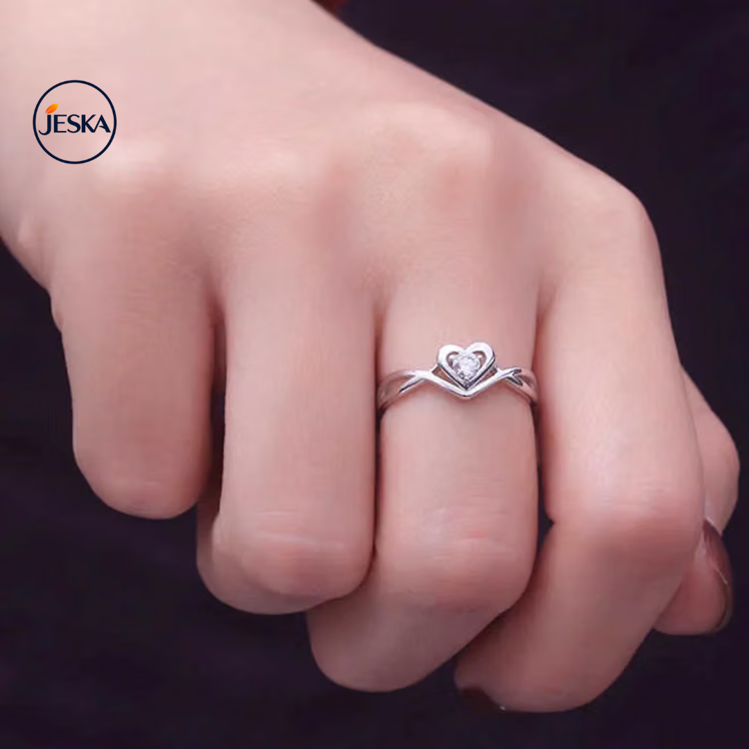 JESKA Rhodium Plated Heart CZ Adjustable Ring for Women & Girls