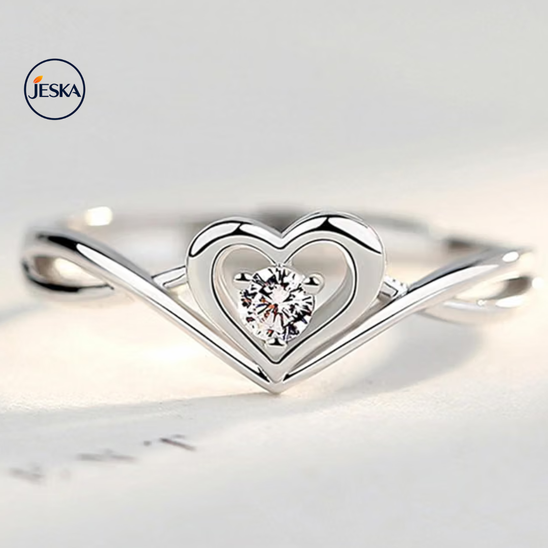 JESKA Rhodium Plated Heart CZ Adjustable Ring for Women & Girls
