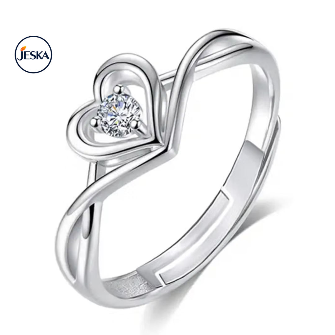 JESKA Rhodium Plated Heart CZ Adjustable Ring for Women & Girls